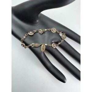 SWEET VINTAGE LIZ PALACIOS BRACELET PURPLE & YELLOW RHINESTONES BEADS FLORAL 7"